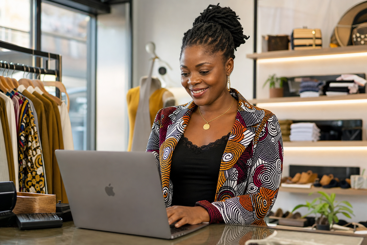 A retail business owner managing their store on a laptop